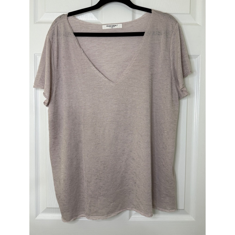 Project Social T V-Neck Top Womens Large Mauve Taupe Slub Knit Soft Girl